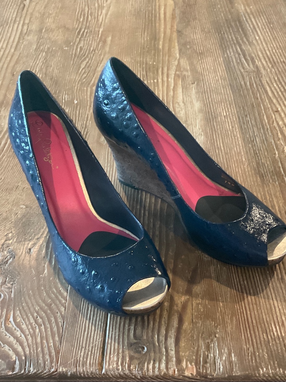 Lilly Pulitzer Navy Peep-Toe Wedge Pumps
